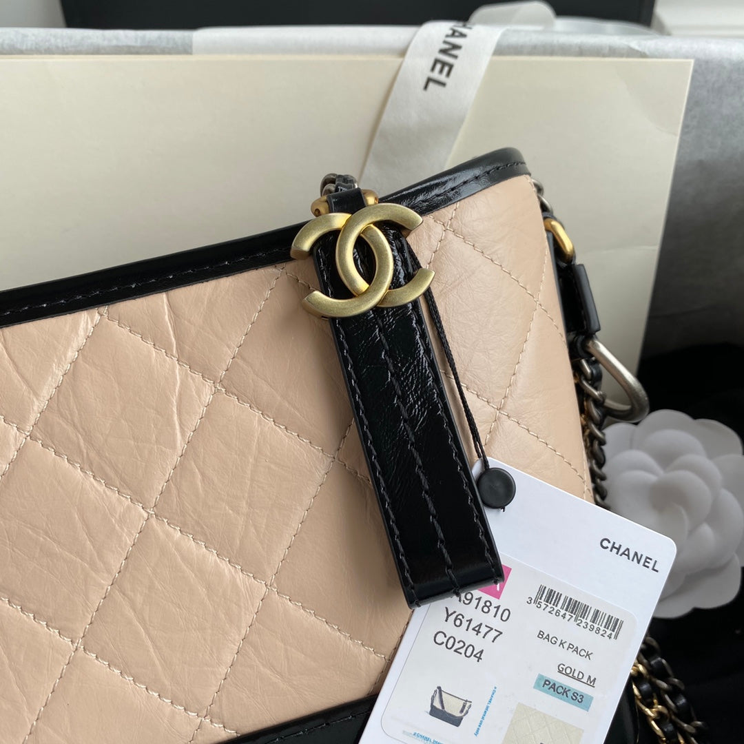CC GABRIELLE MINI 20 HOBO BAG IN ALMOND BEIGE MIX BLACK CALFSKIN