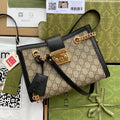 GG PADLOCK MEDIUM 26 SHOULDER BAG BEIGE CANVAS AND BLACK CALFSKIN