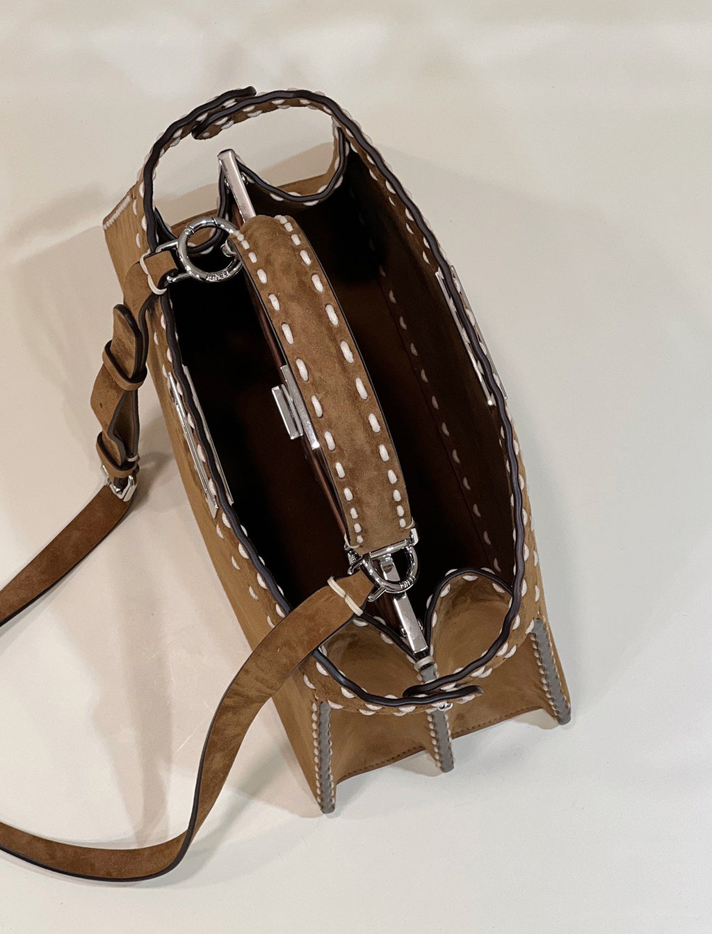 PEEKABOO ISEEU 33 IN SEPIA BROWN SUEDE SILVER HARDWARE