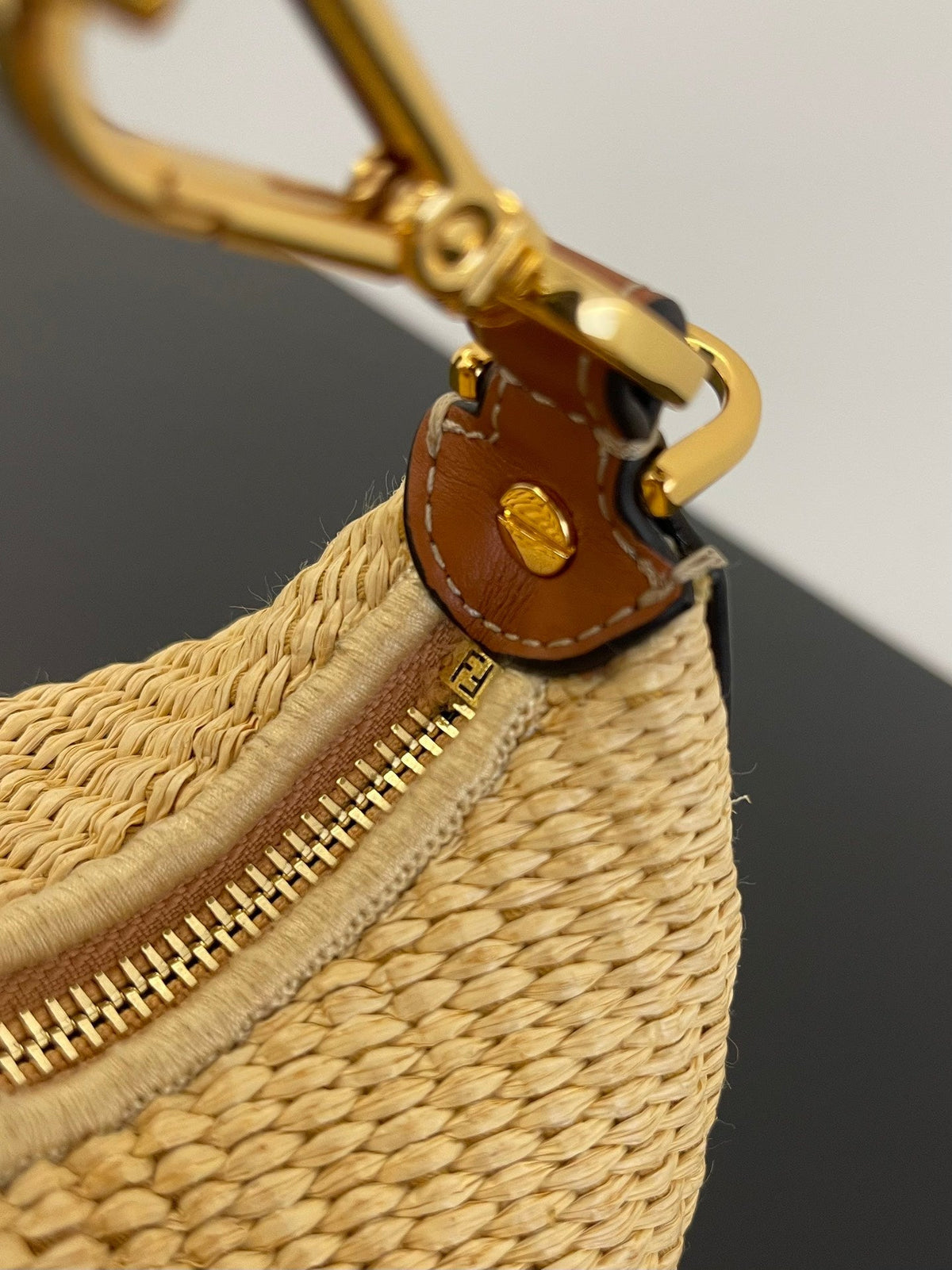 FENDIGRAPHY MINI 16 IN BEIGE STRAW AND BROWN CALFSKIN TRIM GOLD HARDWARE