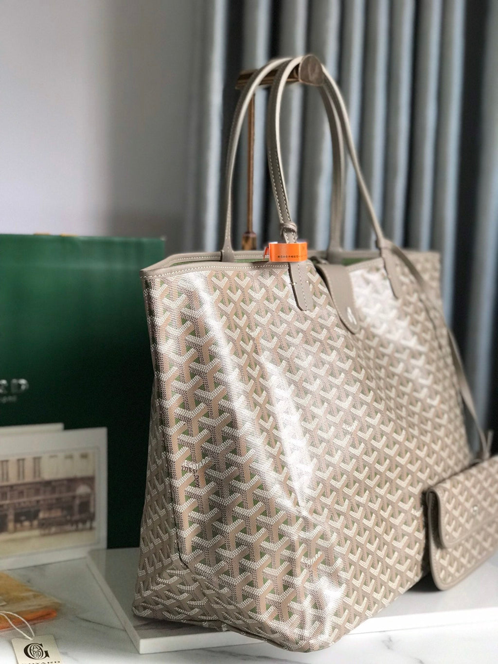 SAINT LOUIS GM 40 IN GREY MIX GREEN GOYARDINE CANVAS AND CALFSKIN
