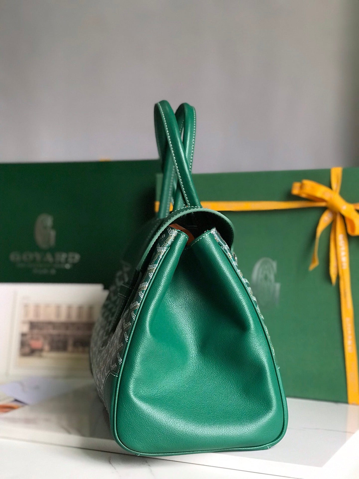 SAIGON SOUPLE BAG 34 IN GREEN GOYARDINE CANVAS AND CALFSKIN