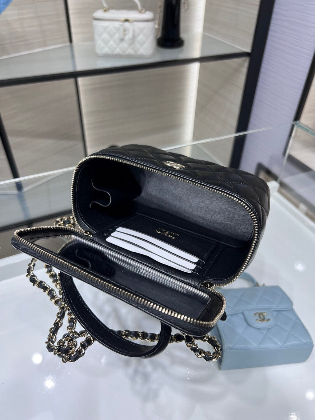 VANITY 17 TOP HANDLE IN BLACK QUILTED LAMBSKIN GOLD HARDWARE