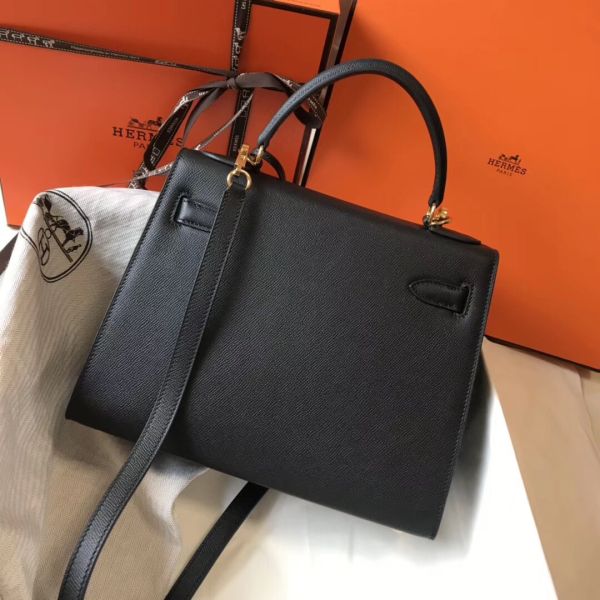 HERM Kelly 28cm Bag In Black Epsom Leather GHW