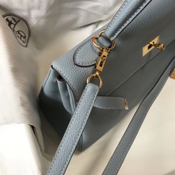 HERM Kelly 32cm Bag In Blue Lin Clemence Leather GHW