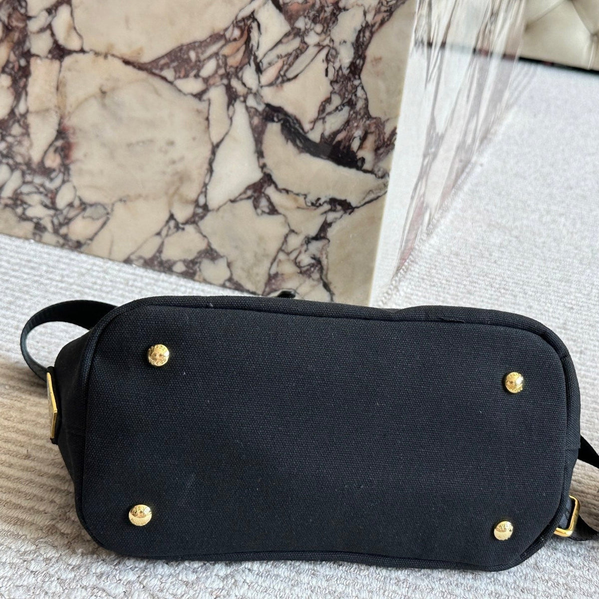 EMBROIDED LOGO SMALL HANDBAG 22 IN BLACK LINEN BLEND