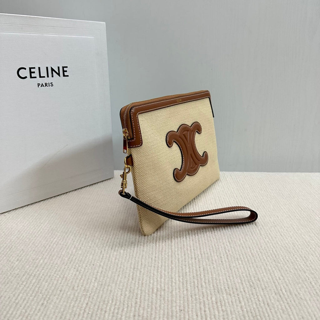 SMALL POUCH 25 IN BEIGE CANVAS AND BROWN CALFSKIN
