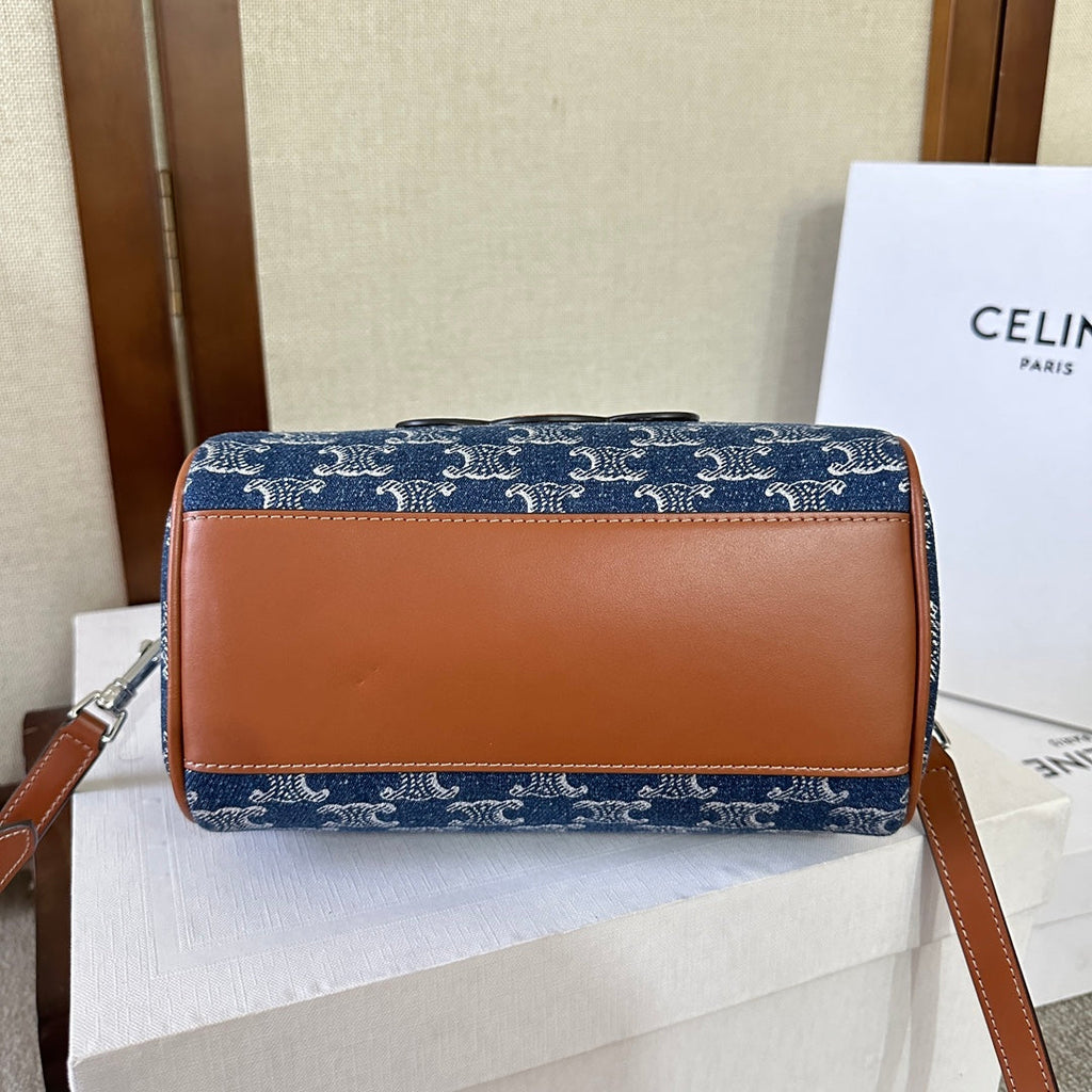 SMALL BOSTON 19 IN SPACE BLUE TRIOMPHE DENIM AND BROWN CALFSKIN TRIM