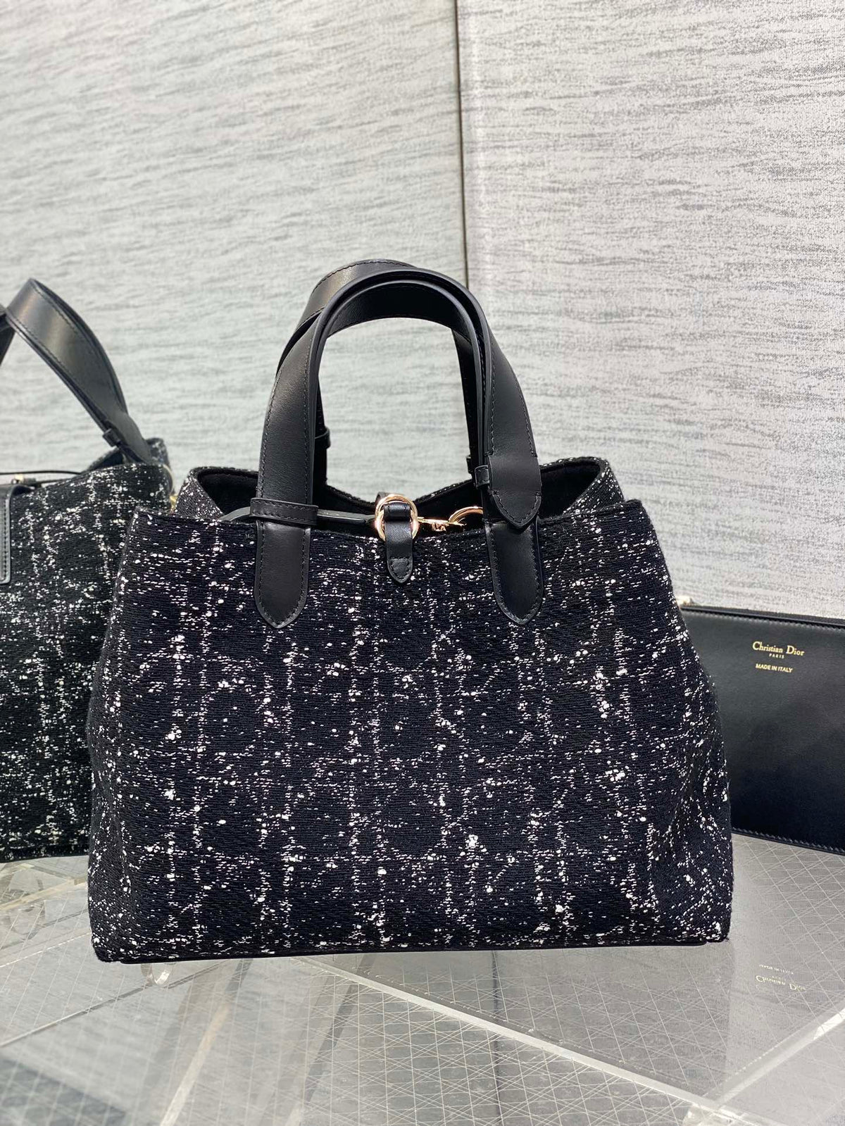 MEDIUM 28 TOUJOURS BAG IN BLACK MIX WHITE CANNAGE TWEED WITH GOLD HARDWARE