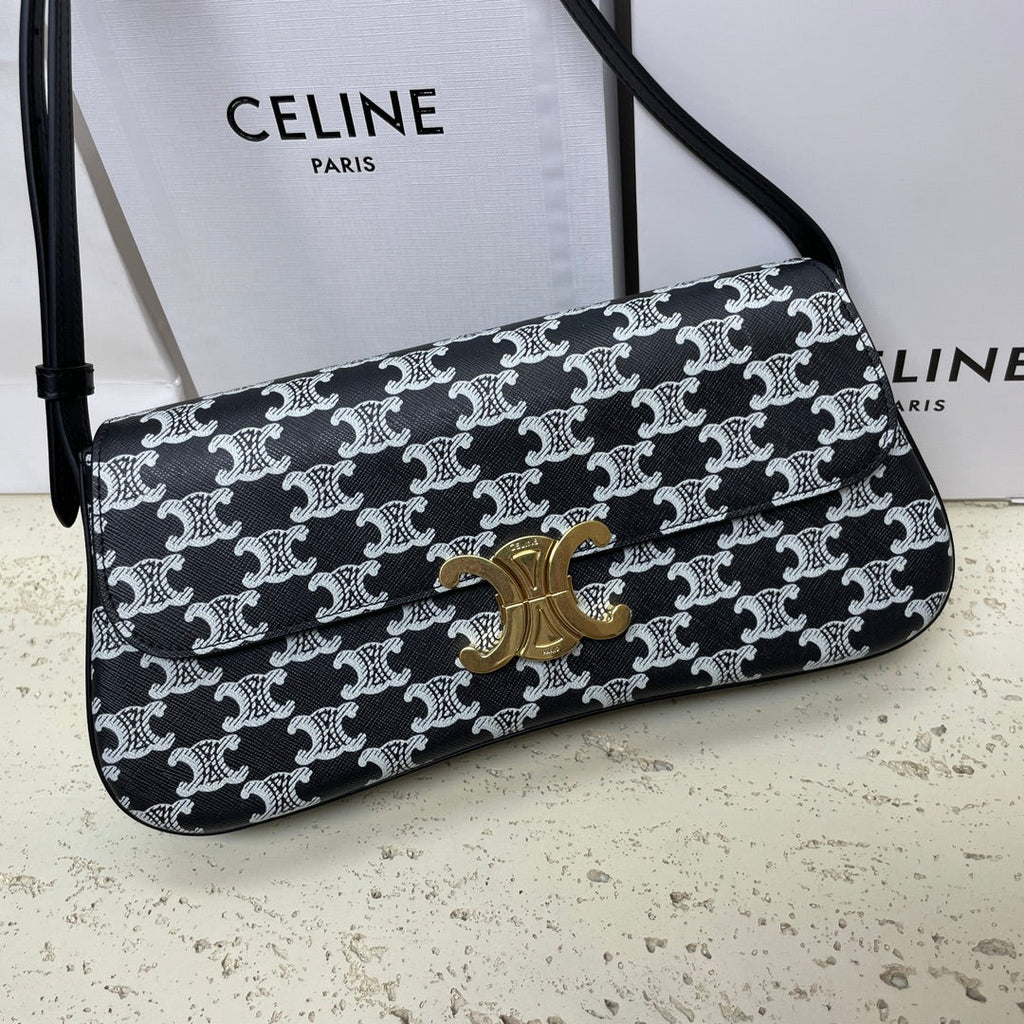 LOLA BAGUETTE BAG 28 IN BLACK MIX WHITE MONOGRAM CANVAS AND CALFSKIN