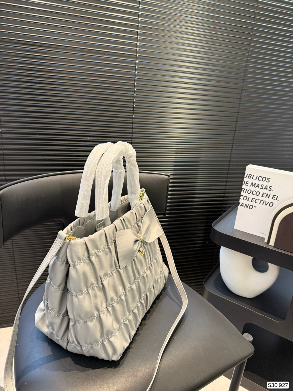 BOW DETAIL RUCHED TOP HANDLE BAG 29 IN LIGHT GREY SAFFIANO LEATHER