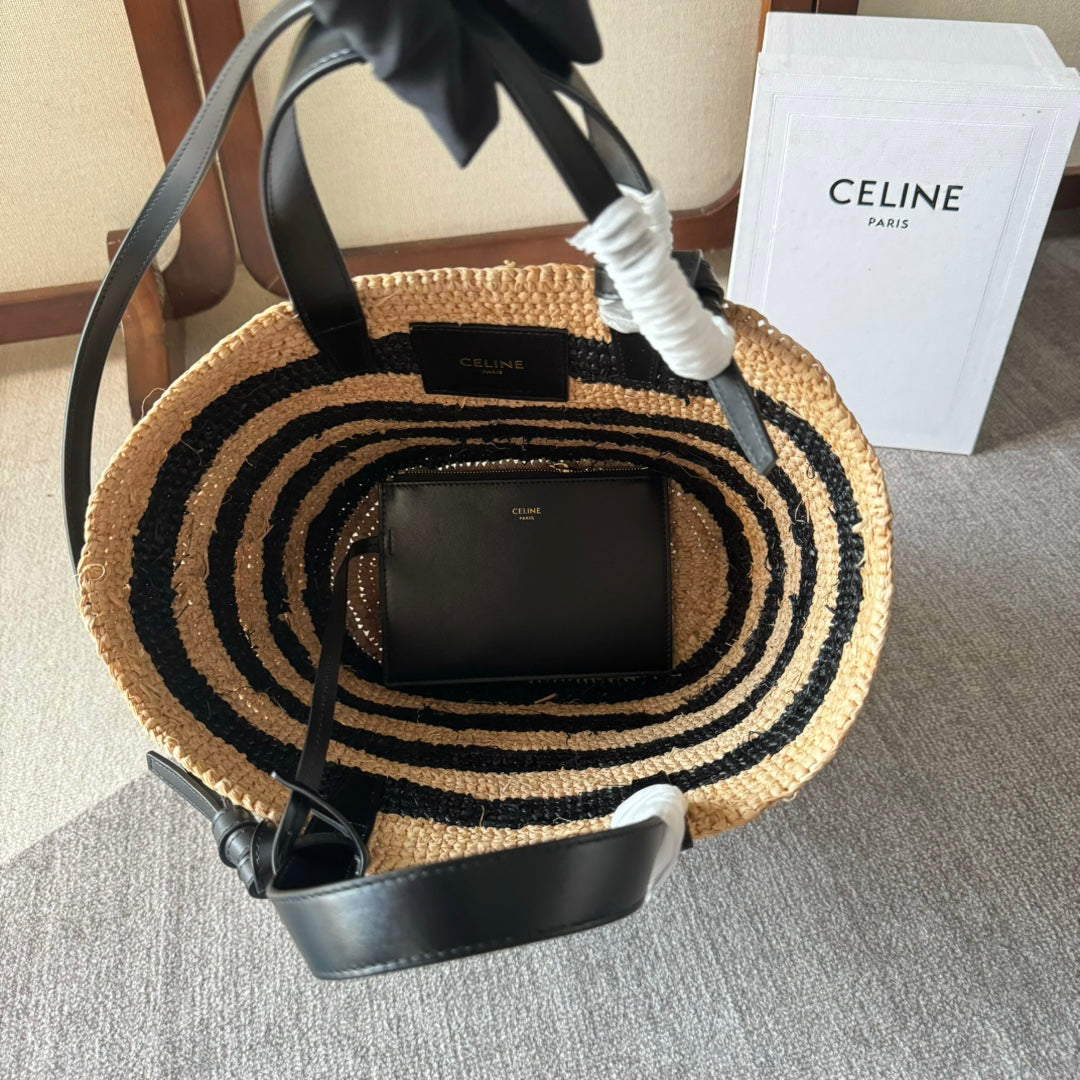 STRIPED COUFFIN CLASSIC PANIER 22 IN BEIGE AND BLACK RAFFIA AND CALFSKIN TRIM