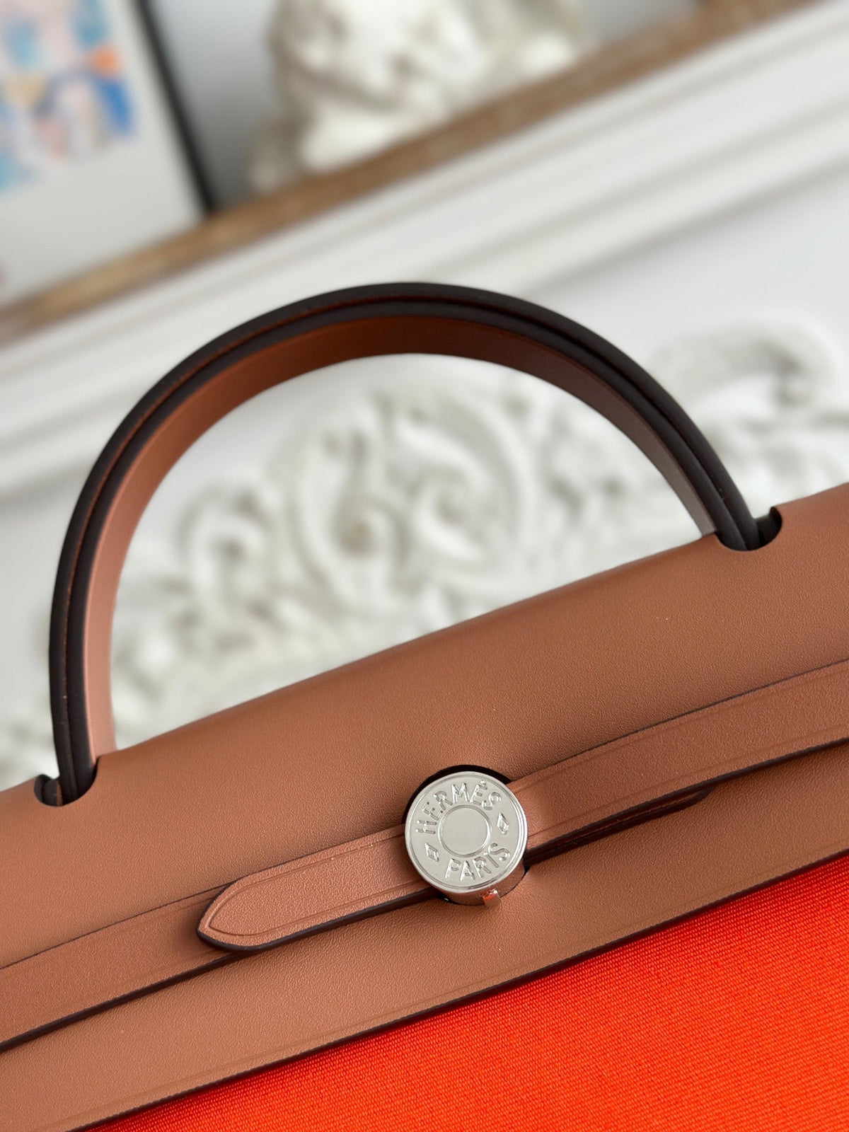ZIP CABINE 31 BAG IN FIRE ORANGE CANVAS AND BRONZE BROWN CALFSKIN
