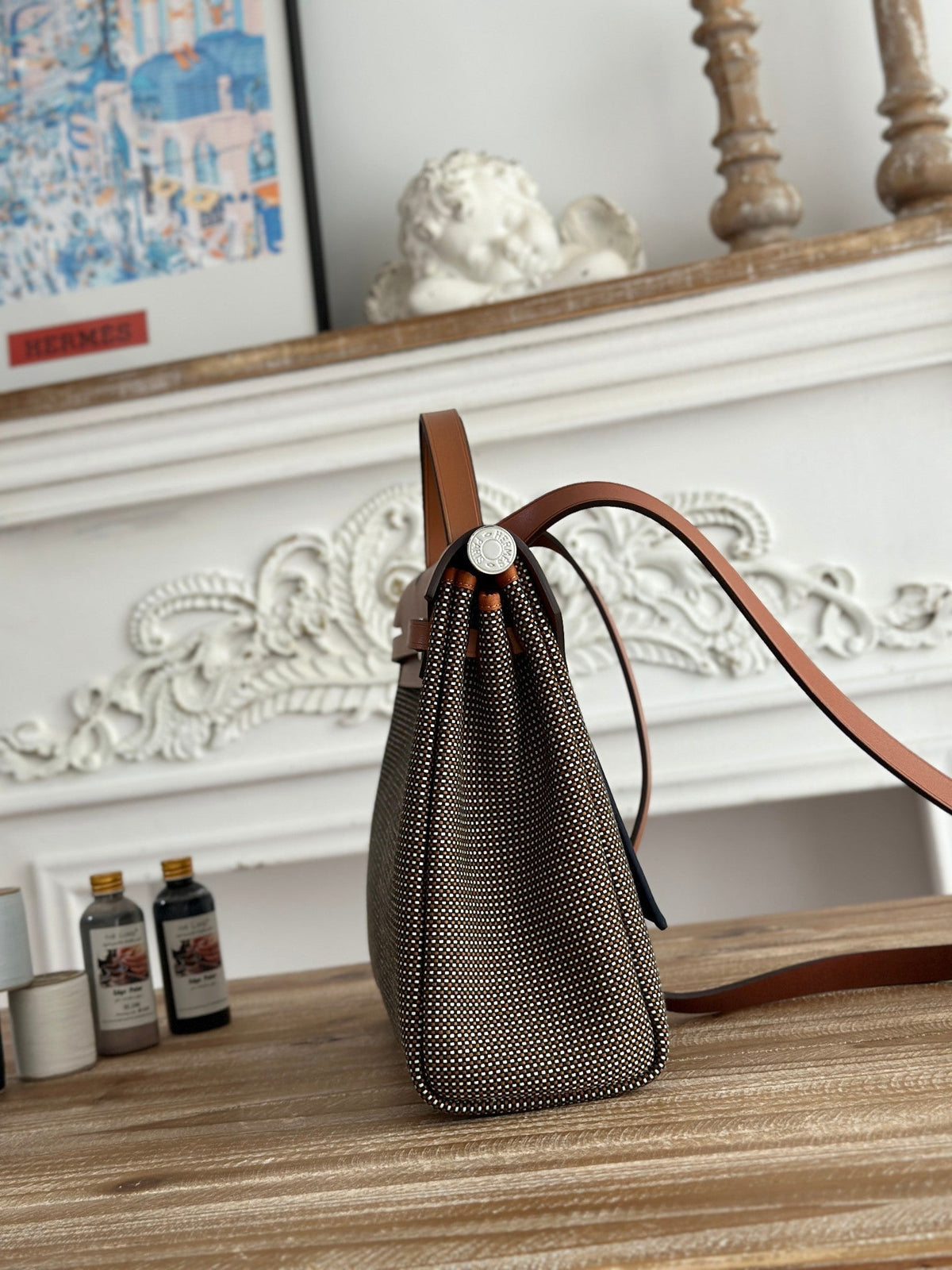 HERBAG MESSENGER 31 BAG IN DARK BROWN H VIKING CANVAS AND COWHIDE