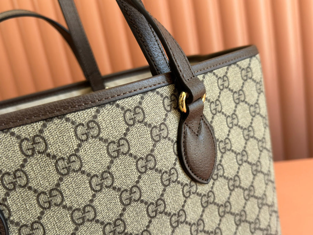 OPHIDIA MEDIUM TOTE BAG 38.5 BEIGE CANVAS AND BROWN CALFSKIN