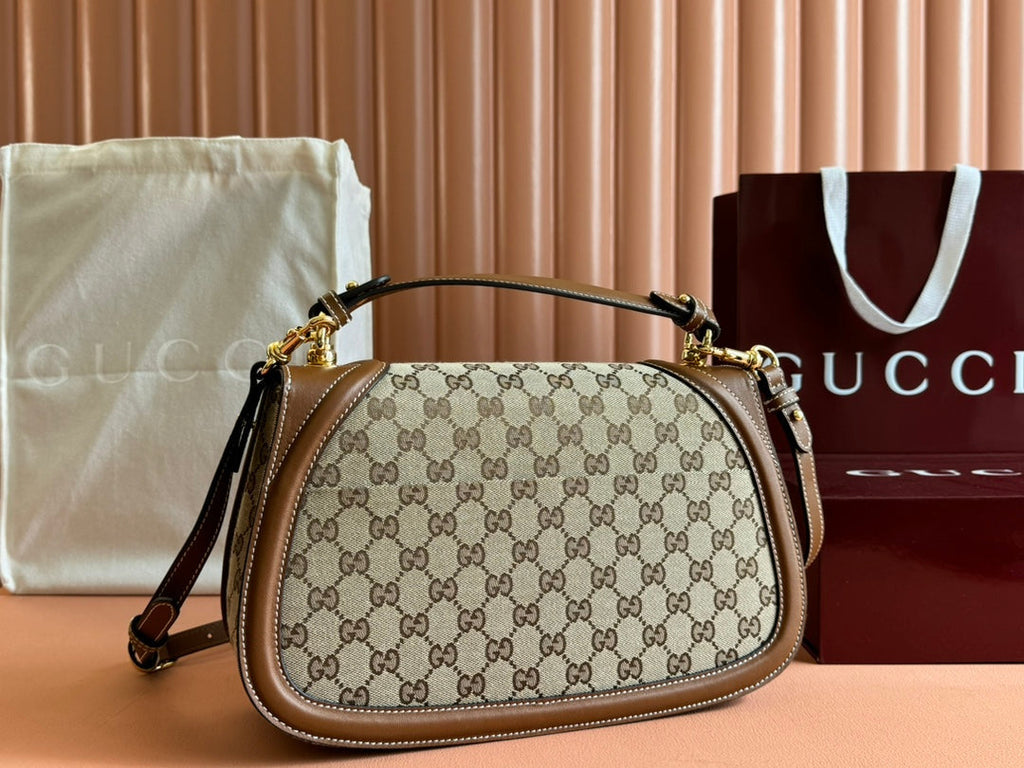 BLONDIE LARGE TOP HANDLE BAG 32 IN BEIGE AND DARK BROWN CANVAS BROWN CALFSKIN