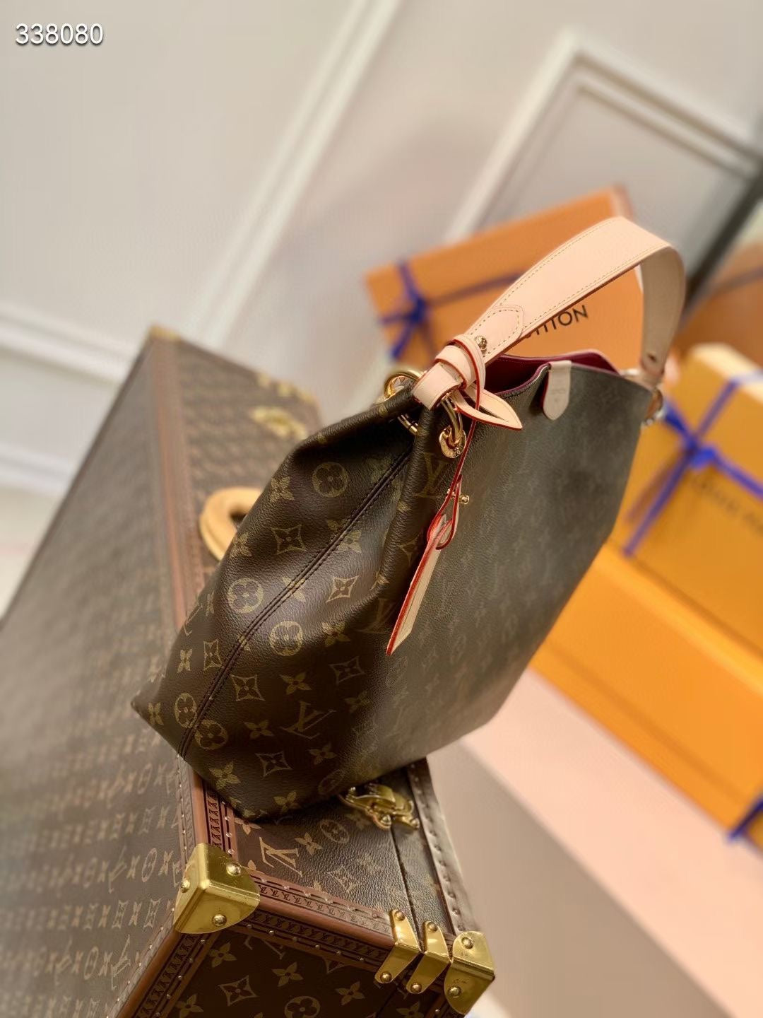 GRACEFUL MM BAG 35 IN BROWN MONOGRAM COATED CANVAS BEIGE CALFSKIN