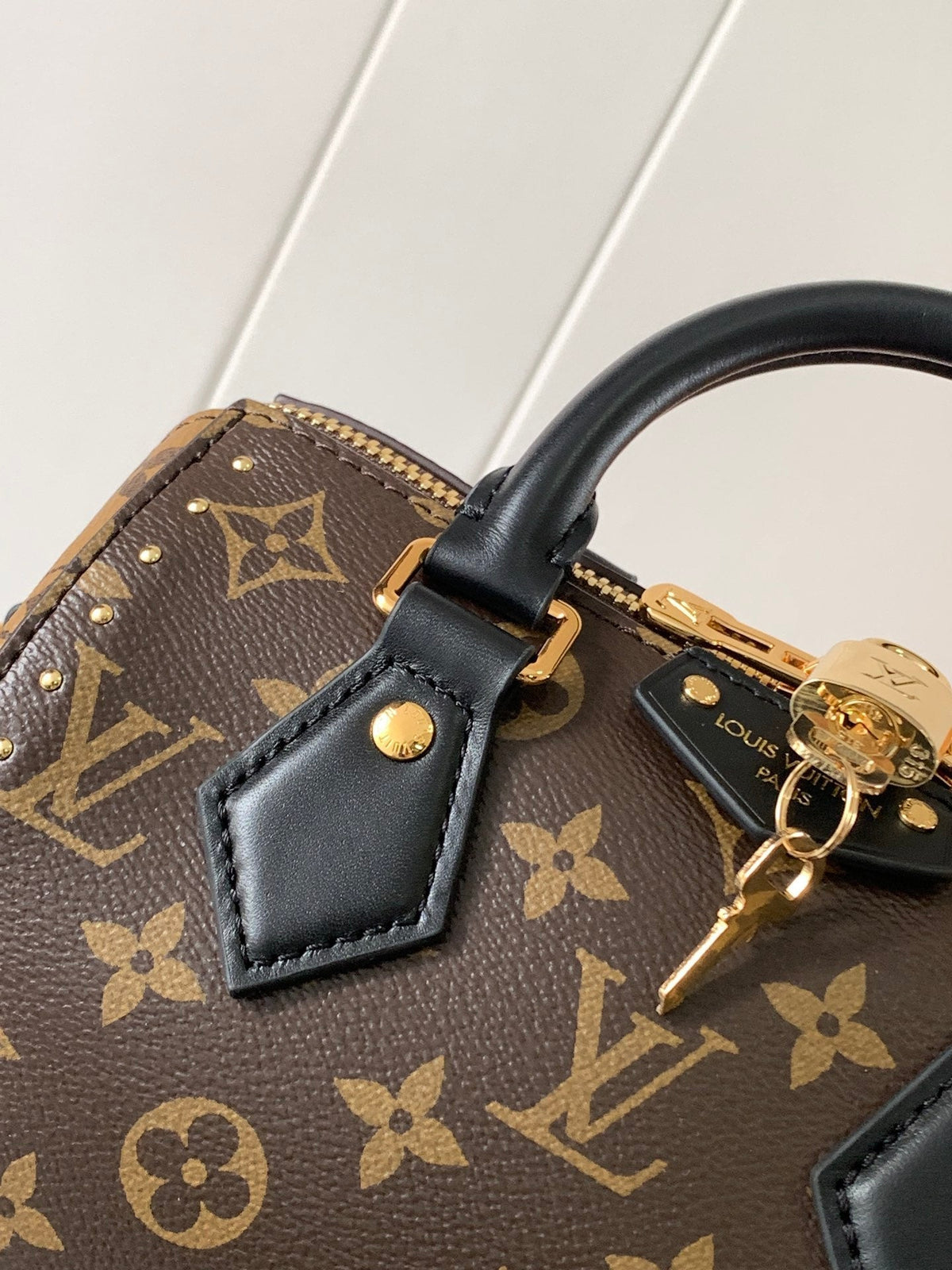 SPEEDY TRUNK BAG 20 IN BROWN MONOGRAM COATED CANVAS AND BLACK CALFSKIN